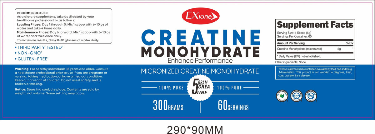 Exione 100% Pure Unflavored Micronized Creatine Powder 300g Muscle Growth Support Supplement