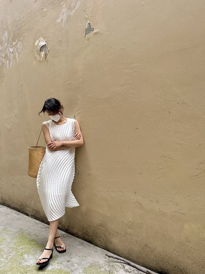 Miyake Hand Circle Pleated Sleeveless Dress Designer Long Round Neck Elegant Loose Summer Korean Style Aesthetic Clothes