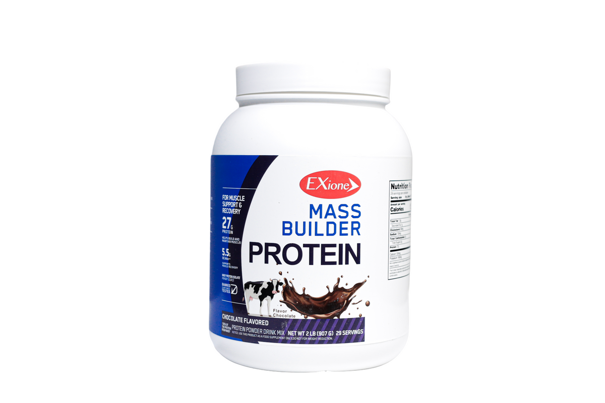 Exione 27g  Chocolate Milkshake Mass Builder Whey Protein Powder Low‑Sugar  Post-Workout Muscle Recovery