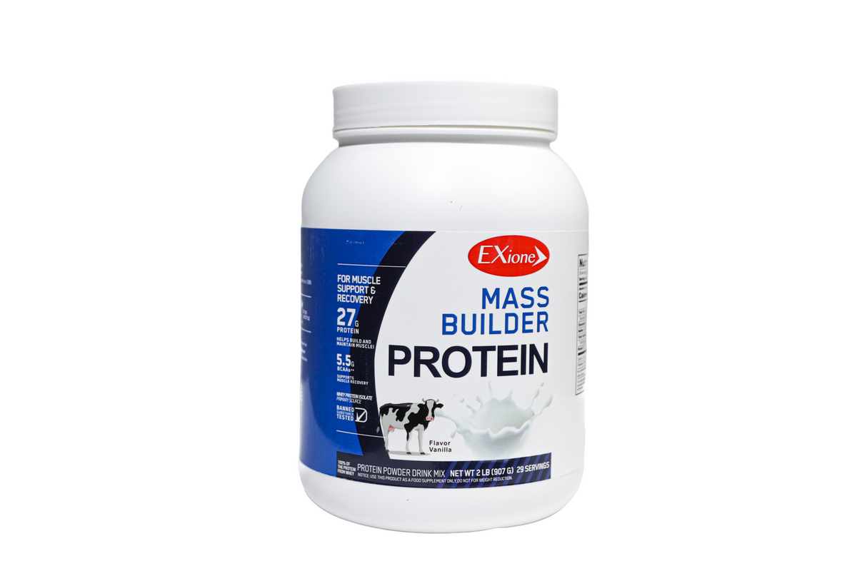 Exione 27g  Vanilla Milkshake Mass Builder Whey Protein Powder Low‑Sugar  Post-Workout Muscle Recovery
