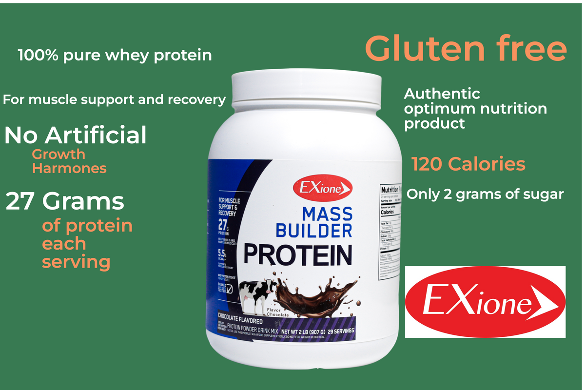 Exione 27g  Chocolate Milkshake Mass Builder Whey Protein Powder Low‑Sugar  Post-Workout Muscle Recovery